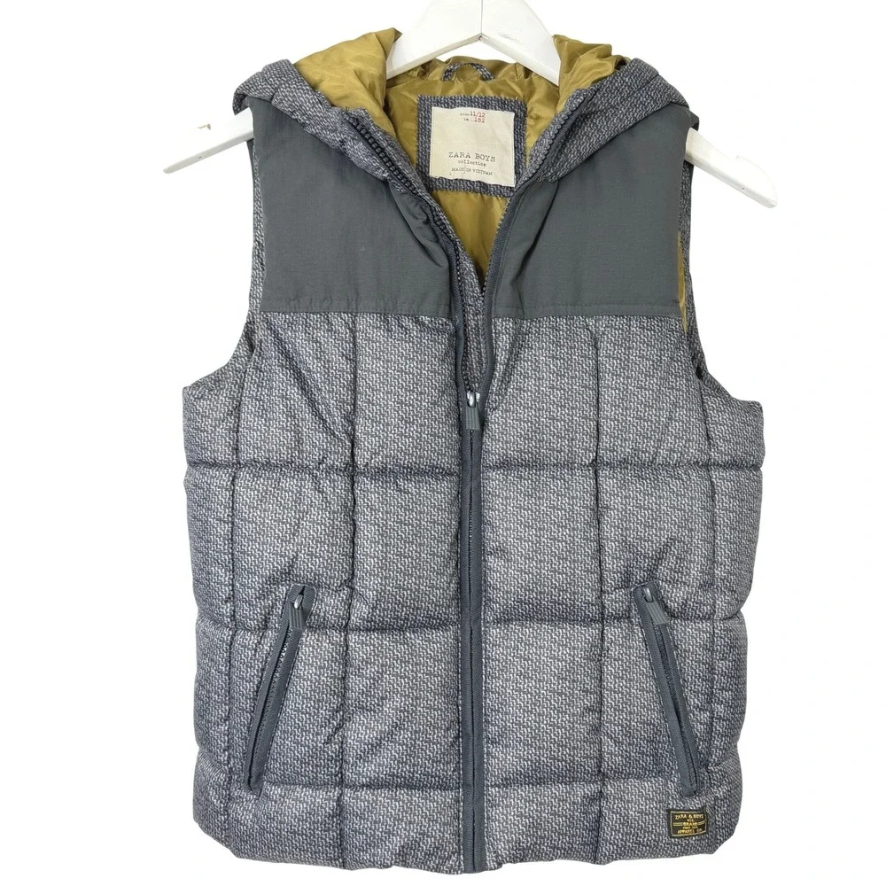 Zara Boys Puffer‎ Vest Jacket Size 11/12 Grey Hooded Quilted Full Zip Gorpcore